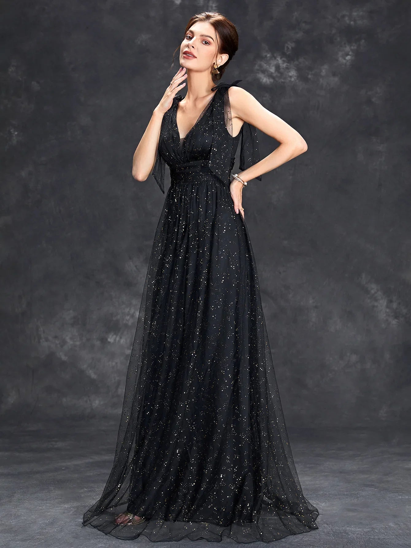 Women's Glitter Maxi Dress - Sleeveless V-Neck Evening Gown - Starlight Black