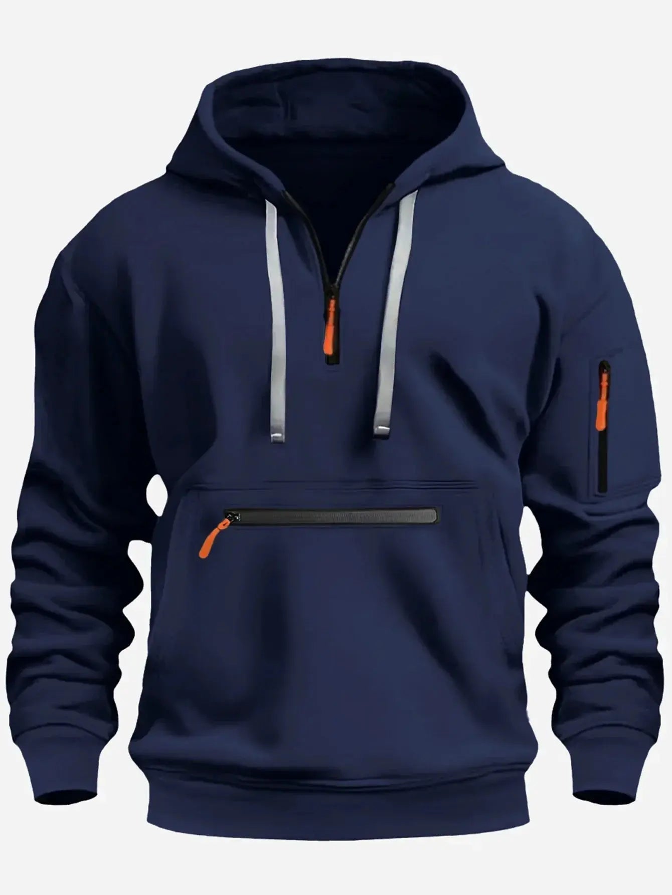 Men’s Sweatshirt – Fleece – Loose Fit – Half Zip Hooded – Ribbed Cuffs – Zip Pockets Dark Blue