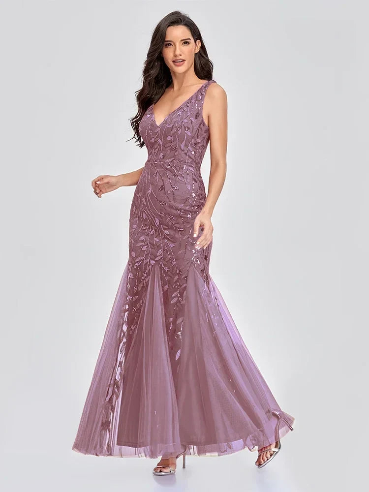 Women's Sequin V-Neck Maxi Dress - Couture Evening Gown - StarGlow