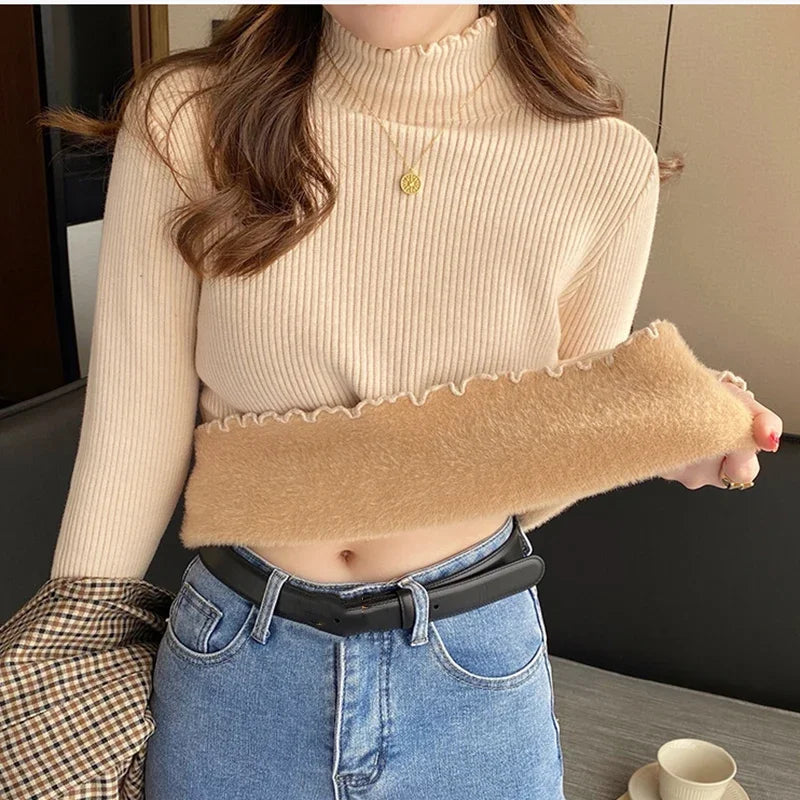 Women's Mock Neck Sweater Ruffled Hemline - Tarra Sweater Beige One size