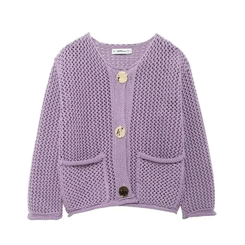 Women's Mesh Knit Cardigan with Pockets - GoldenEase Purple