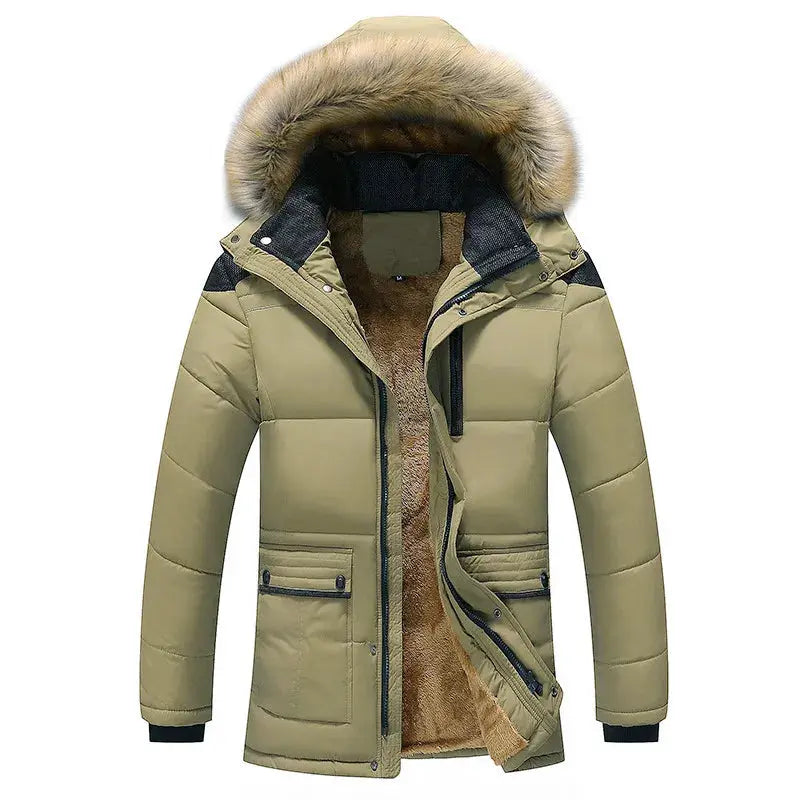 Men's winter jacket with hood, padded and warm. Coffee