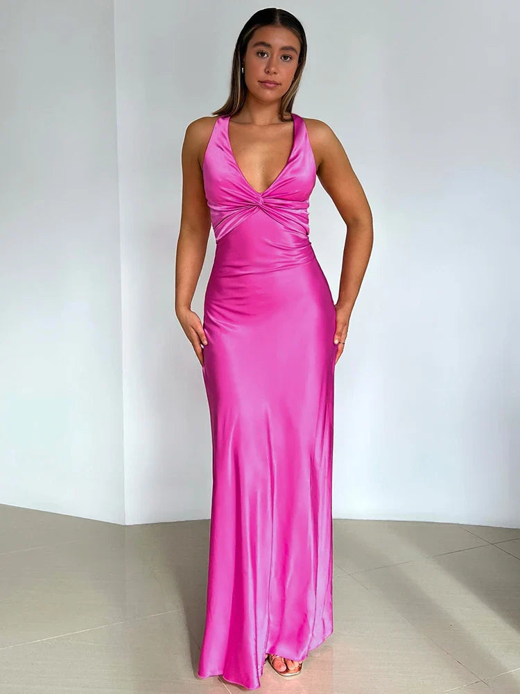 Women's Satin Maxi Dress Halter Neck - Evening Allure Rose Red