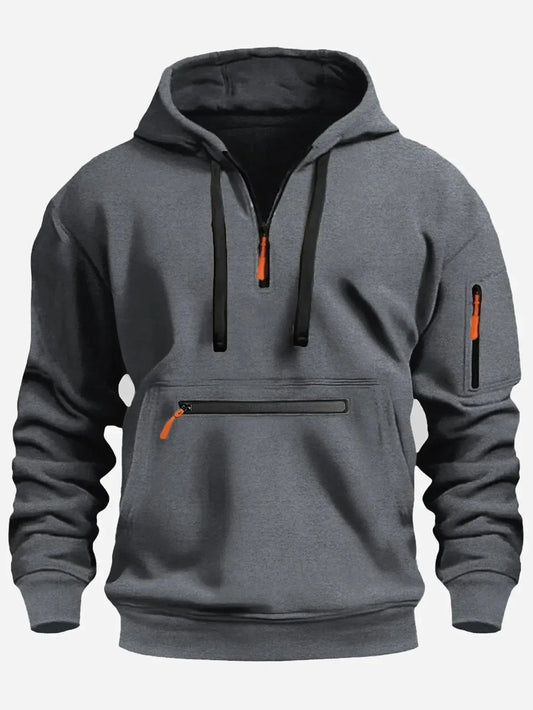 Men’s Sweatshirt – Fleece – Loose Fit – Half Zip Hooded – Ribbed Cuffs – Zip Pockets Dark Gray