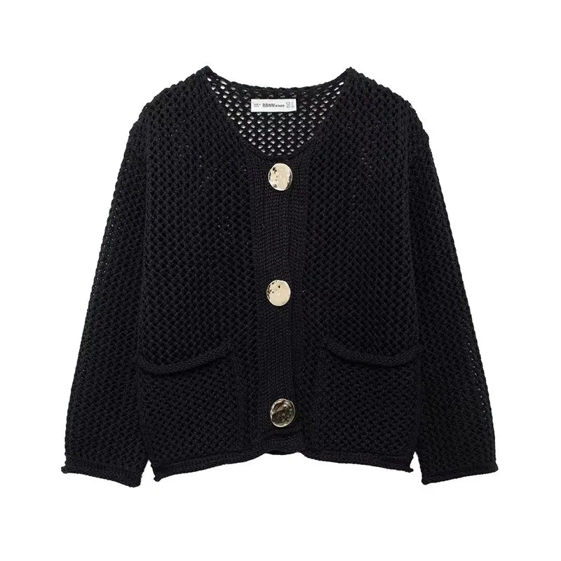 Women's Mesh Knit Cardigan with Pockets - GoldenEase Black