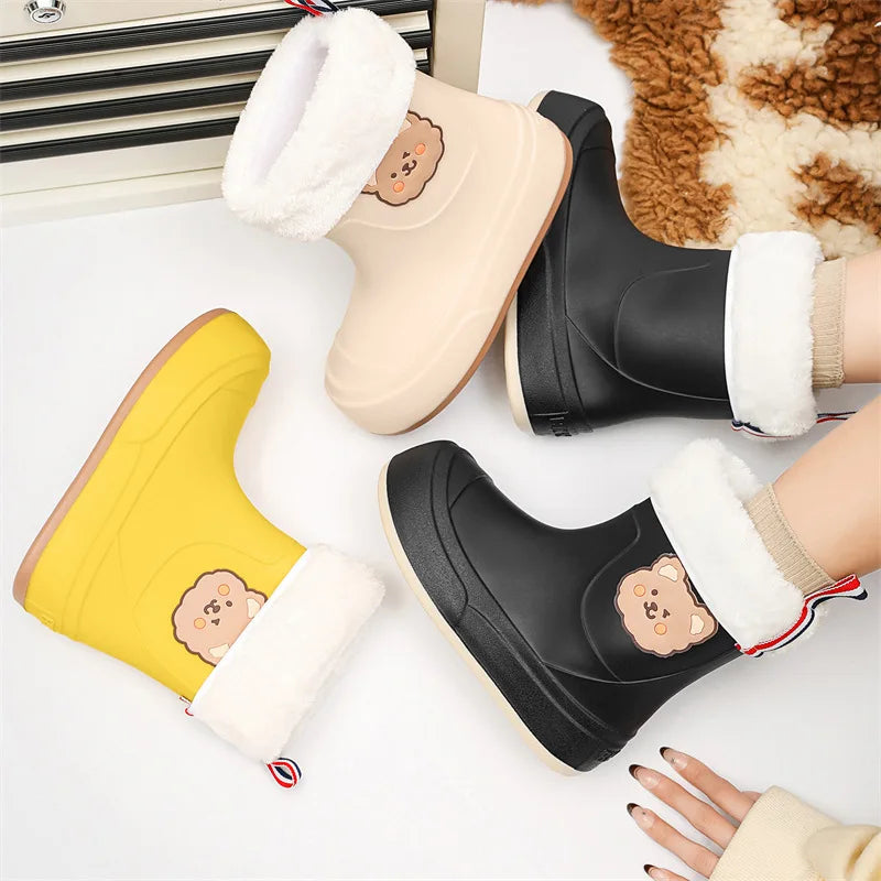 Women's Waterproof Ankle Rubber Boots Cute Bear Design - RainyDayz