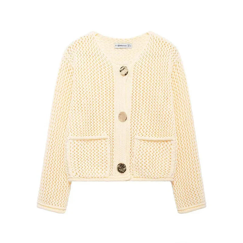 Women's Mesh Knit Cardigan with Pockets - GoldenEase