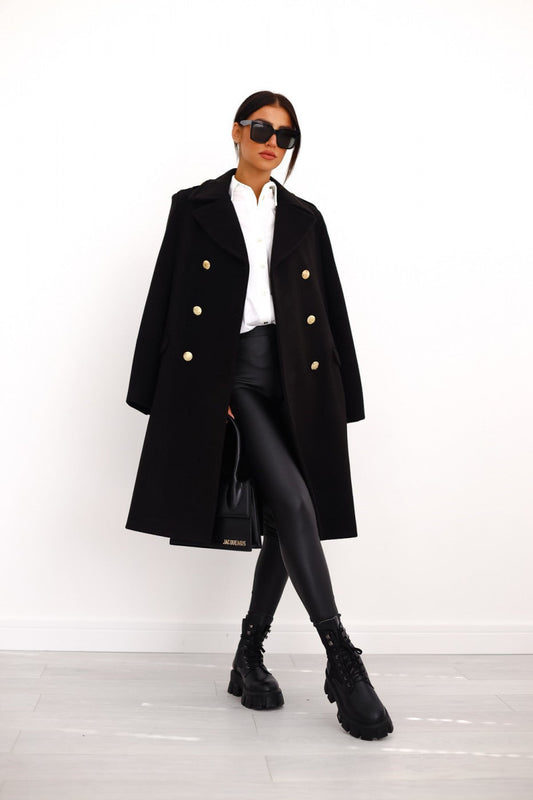 Women's Wool Blend Trench Coat - Double-Breasted City Chic - Urbanity Black
