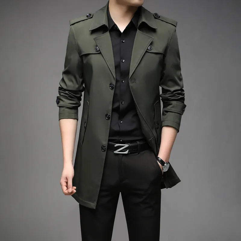 Men’s Trench Coat – Tailored Fit – Double Breasted – Structured Silhouette – Medium Length Green