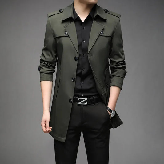 Men’s Trench Coat – Tailored Fit – Double Breasted – Structured Silhouette – Medium Length Green