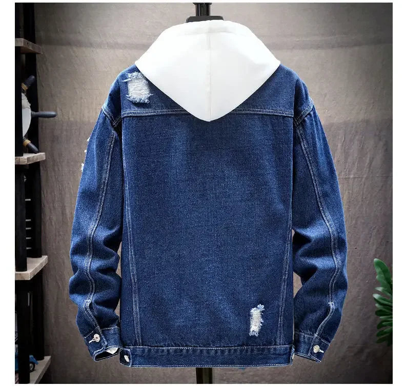 Men’s Denim Jacket – Distressed Loose Fit – Single Breasted – Streetwear Style