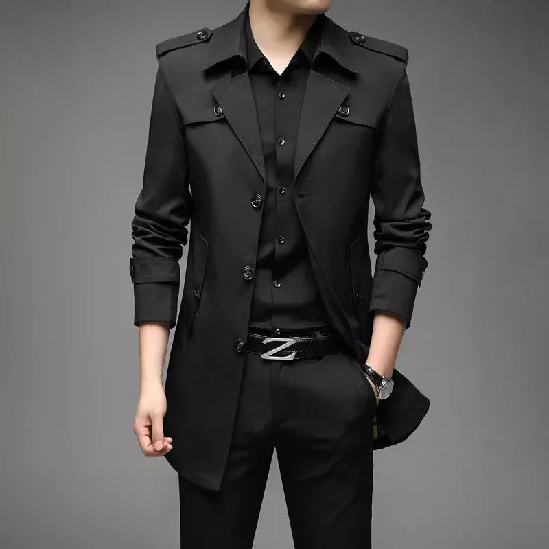 Men’s Trench Coat – Tailored Fit – Double Breasted – Structured Silhouette – Medium Length Black