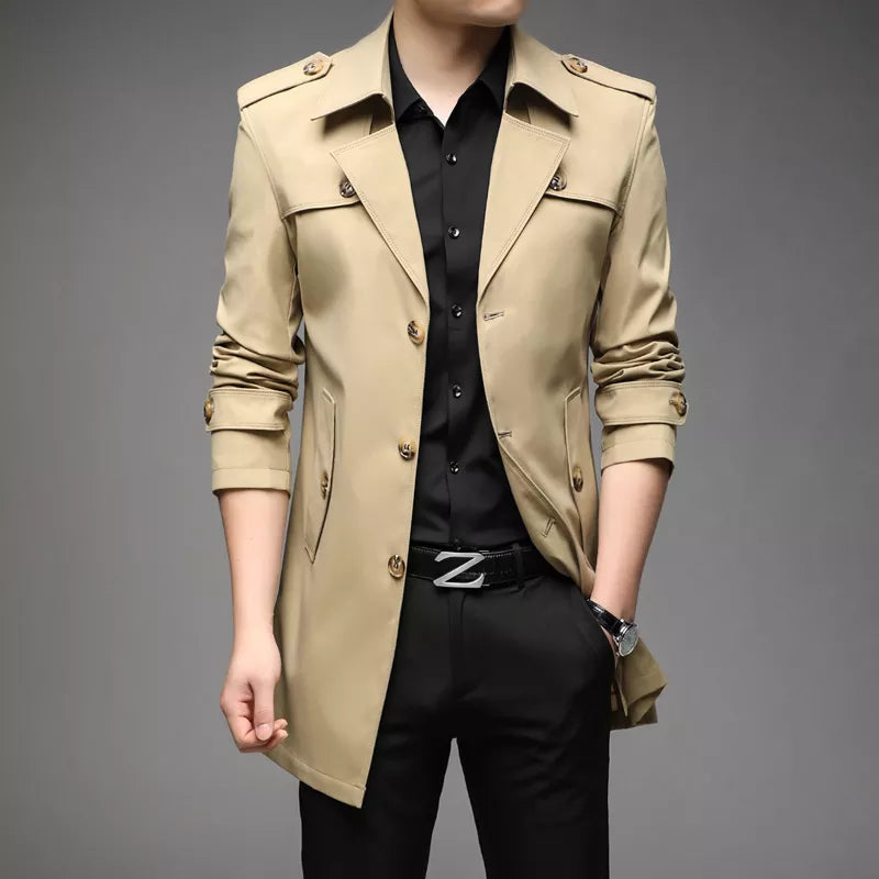 Men’s Trench Coat – Tailored Fit – Double Breasted – Structured Silhouette – Medium Length Khaki