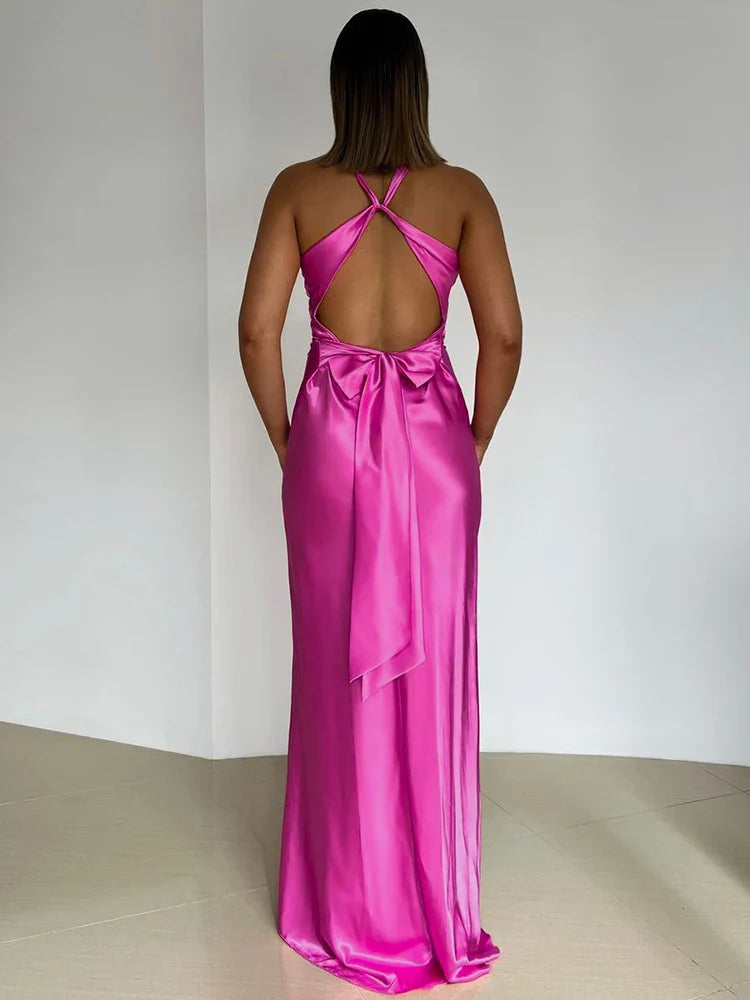 Women's Satin Maxi Dress Halter Neck - Evening Allure