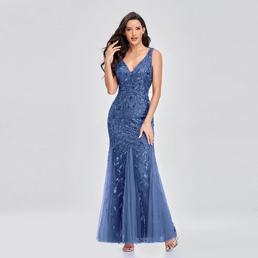 Women's Sequin V-Neck Maxi Dress - Couture Evening Gown - StarGlow