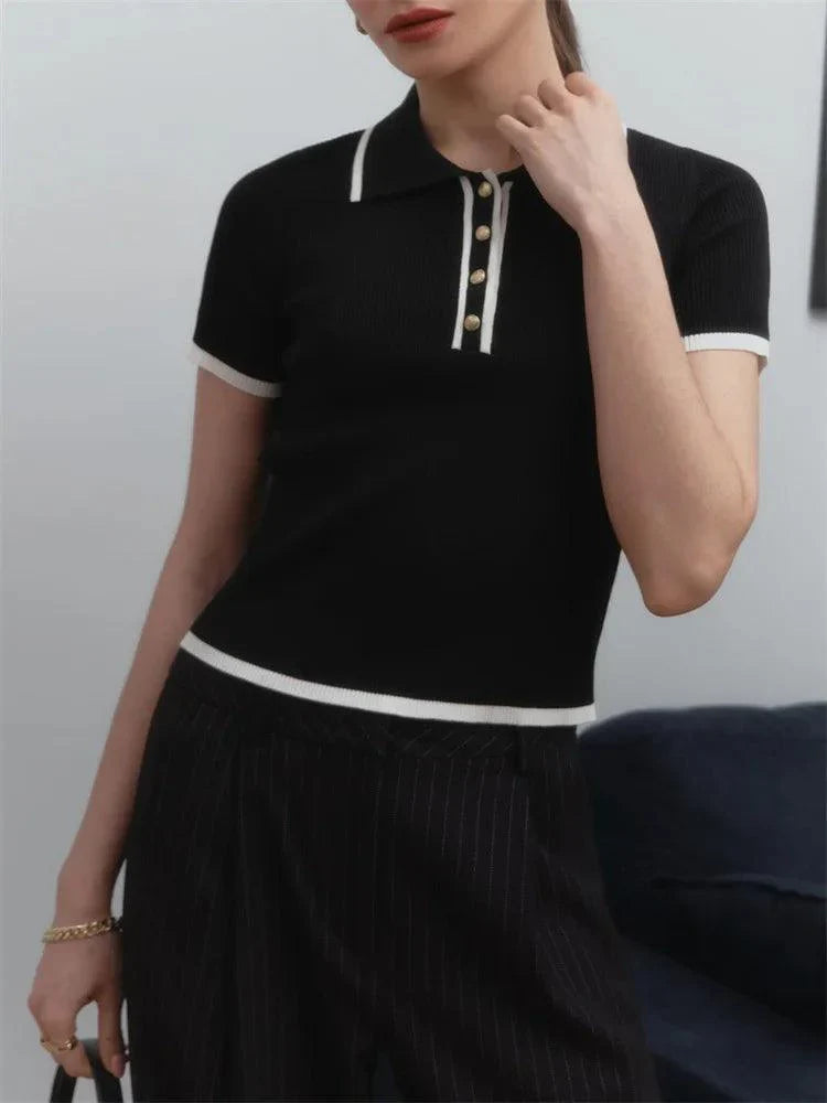 Women's Ribbed Knit Polo Shirt - Stretch Fit, Chic Trim - PoloBella Black