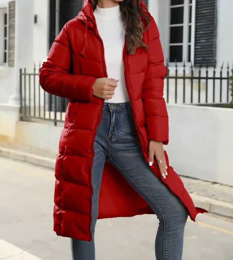 Women's Knee-Length Hooded Puffer Jacket - Winter Bliss