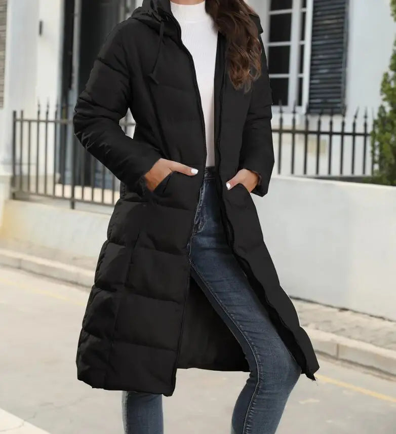Women's Knee-Length Hooded Puffer Jacket - Winter Bliss