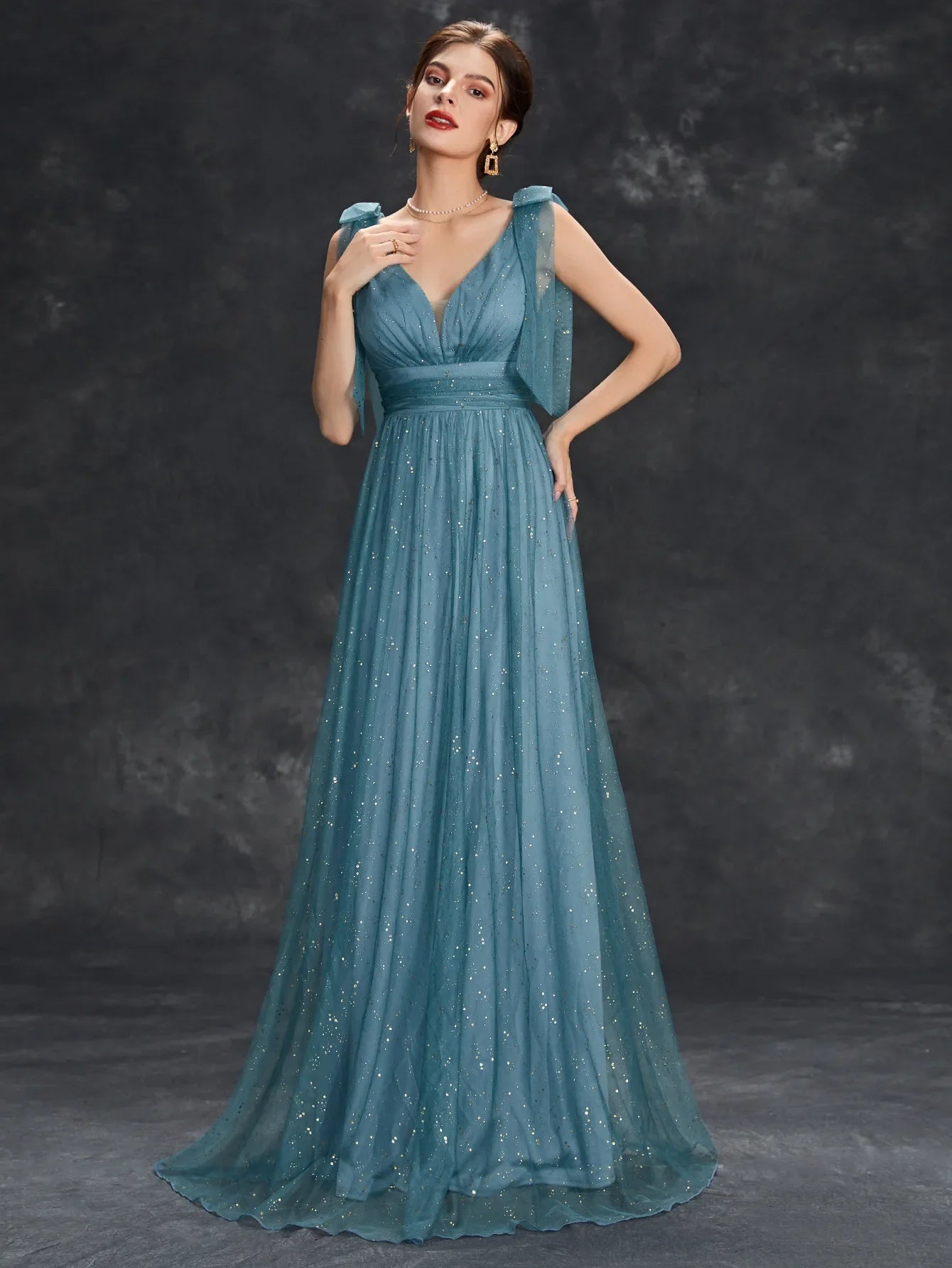 Women's Glitter Maxi Dress - Sleeveless V-Neck Evening Gown - Starlight Light Blue