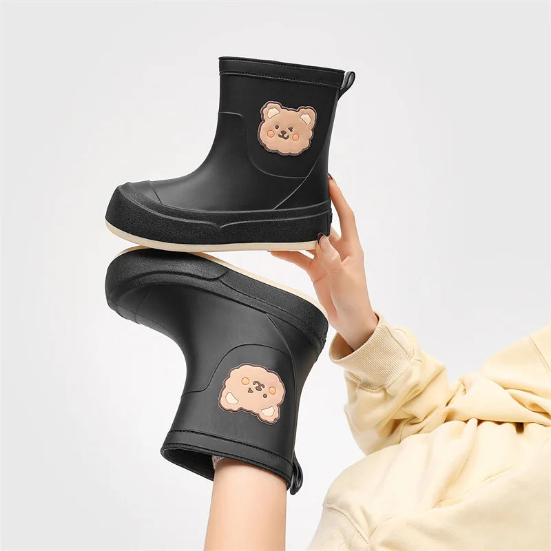 Women's Waterproof Ankle Rubber Boots Cute Bear Design - RainyDayz