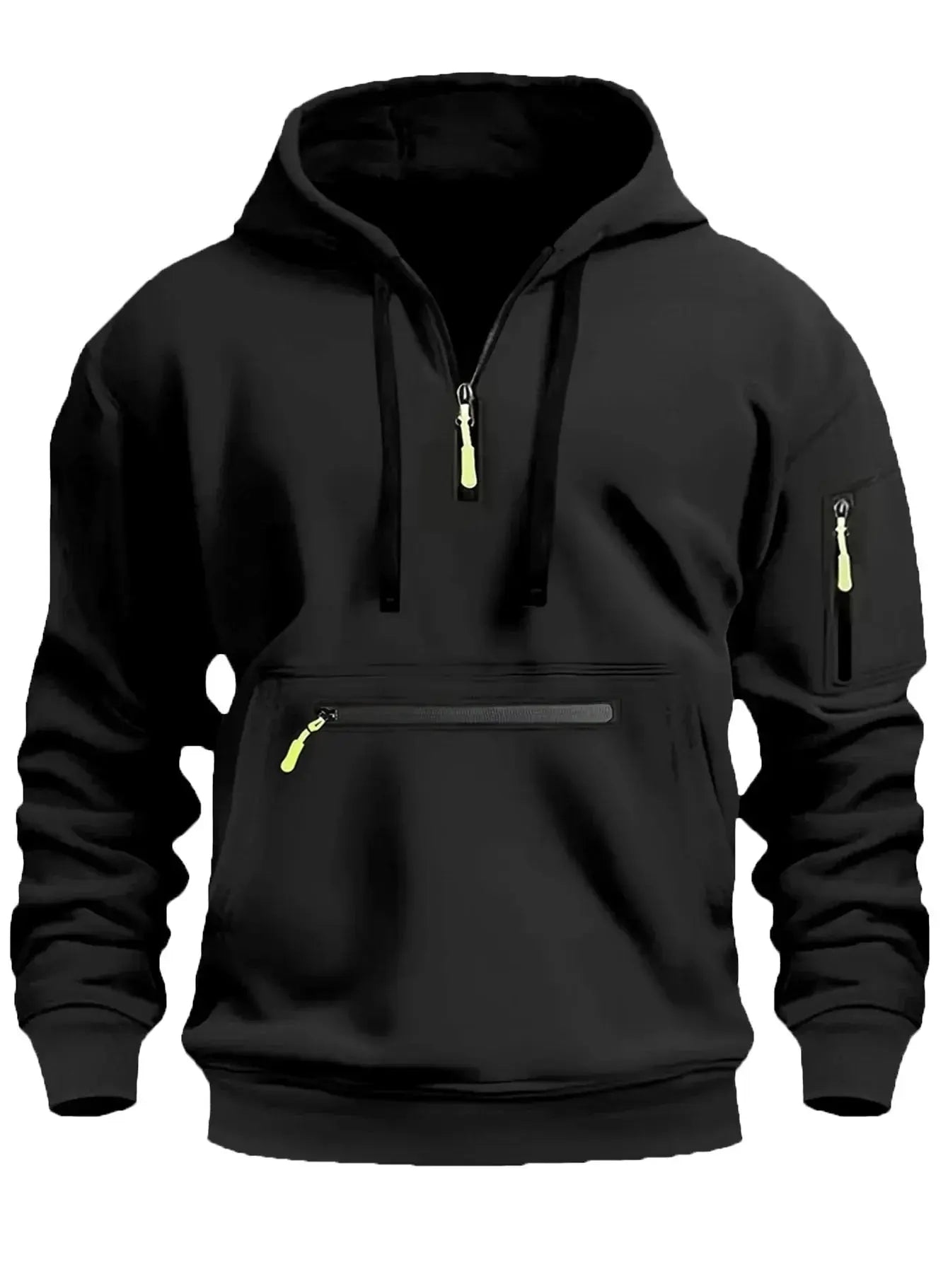 Men’s Sweatshirt – Fleece – Loose Fit – Half Zip Hooded – Ribbed Cuffs – Zip Pockets Black