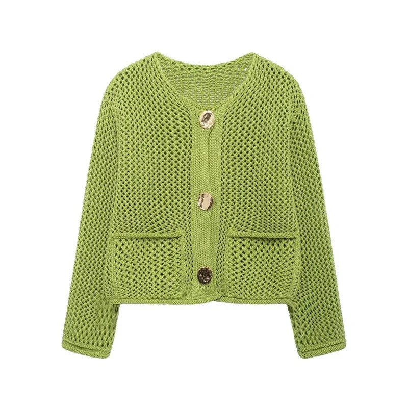 Women's Mesh Knit Cardigan with Pockets - GoldenEase