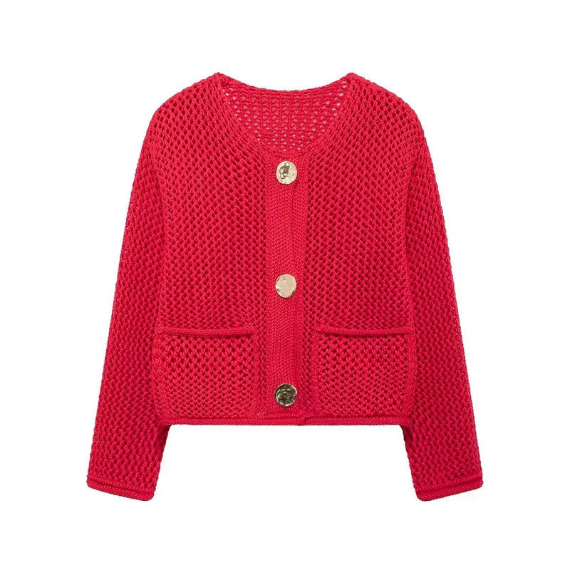 Women's Mesh Knit Cardigan with Pockets - GoldenEase