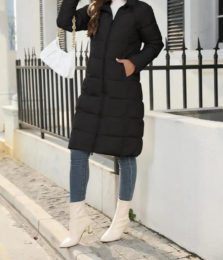 Women's Knee-Length Hooded Puffer Jacket - Winter Bliss