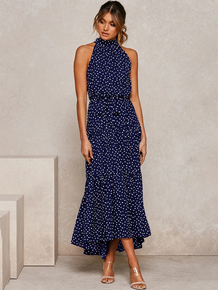 Women's Polka Dot Midi Dress - Flattering Fit, Flowy Halter - DotBloom Dark Blue