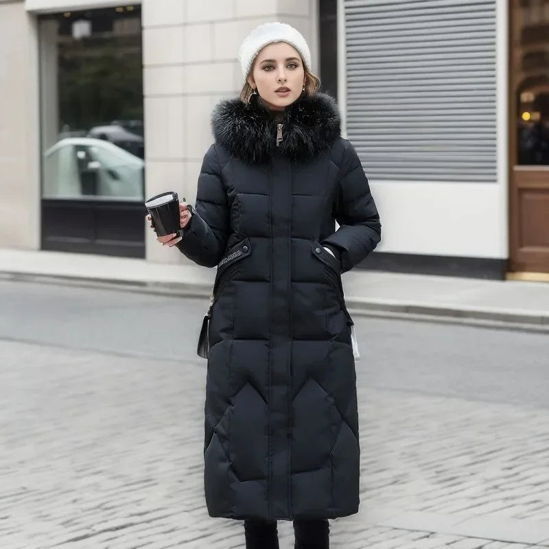Women's Quilted Winter Jacket Faux Fur Hooded - WinterGlam Black