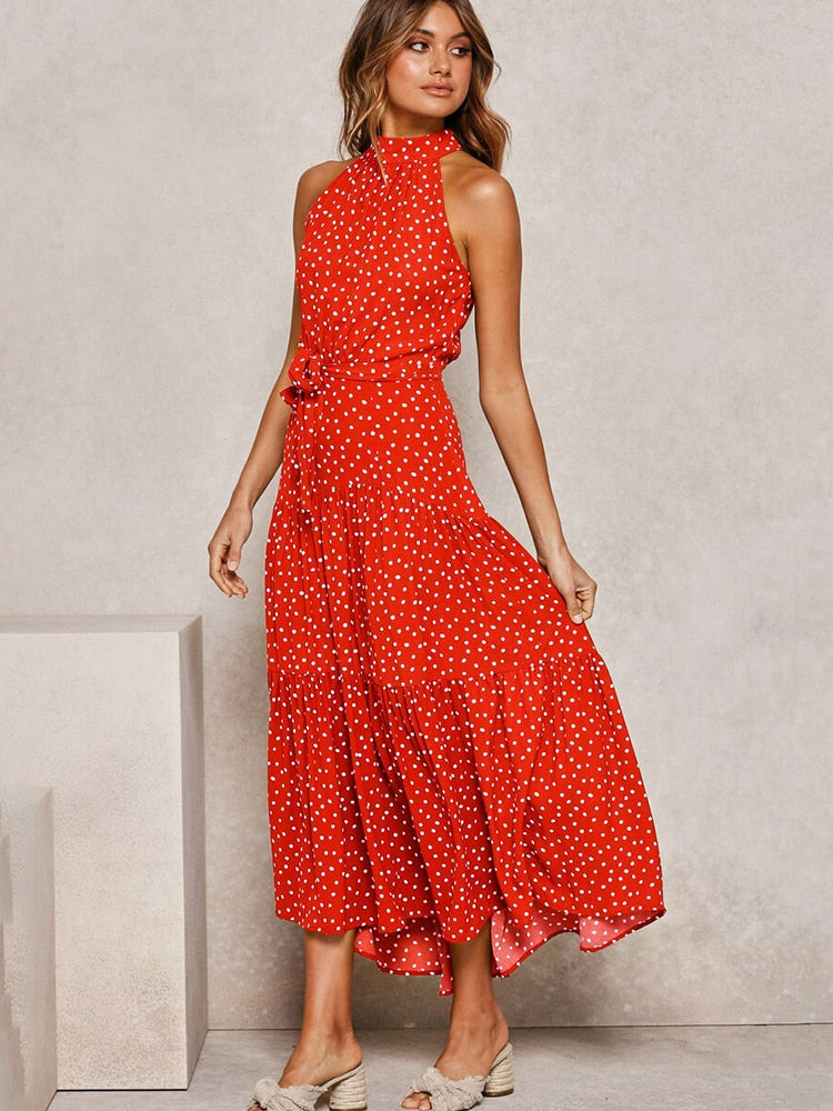 Women's Polka Dot Midi Dress - Flattering Fit, Flowy Halter - DotBloom Red