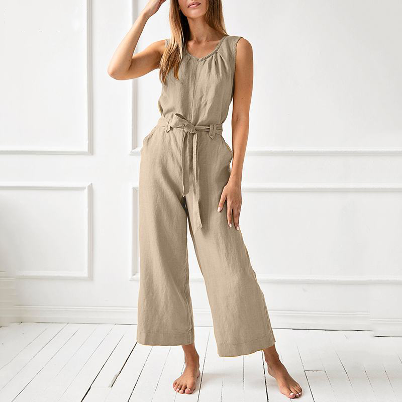 Women's Relaxed Fit Jumpsuit - Flowy Wide Leg - EasyBreezy Beige