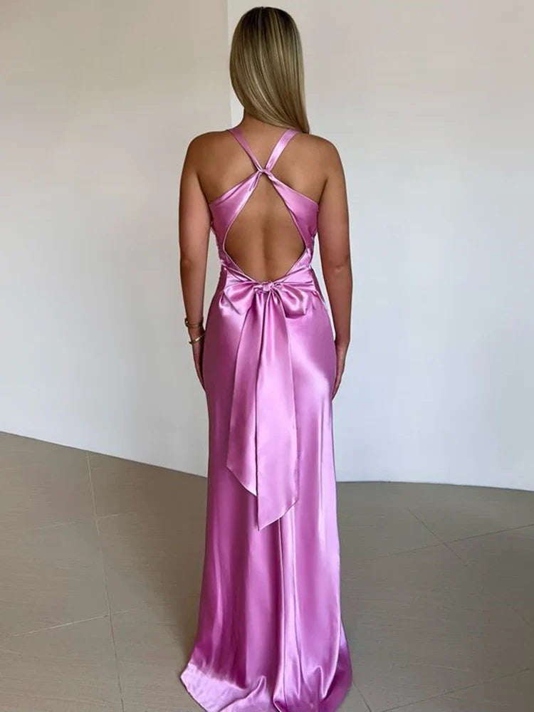 Women's Satin Maxi Dress Halter Neck - Evening Allure Purple