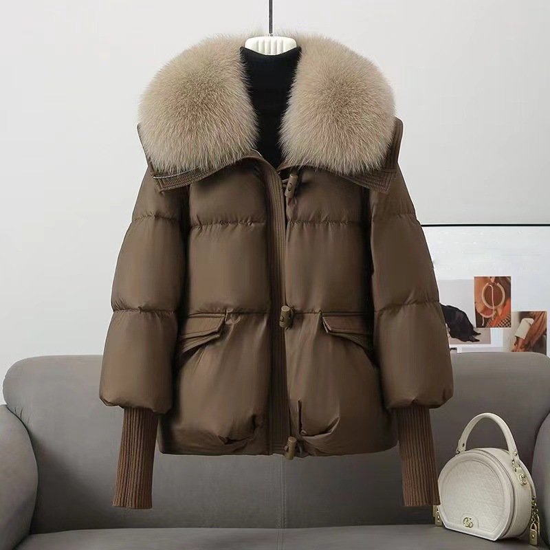 Women's Oversized Quilted Coat Faux Fur Collar - CozyChic Brown