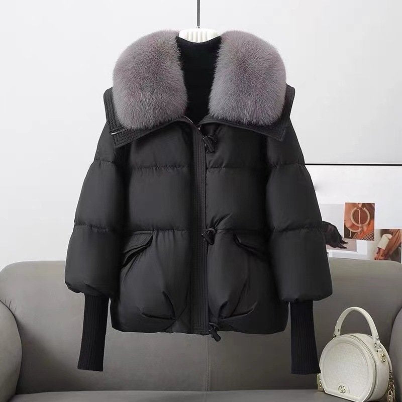 Women's Oversized Quilted Coat Faux Fur Collar - CozyChic Black