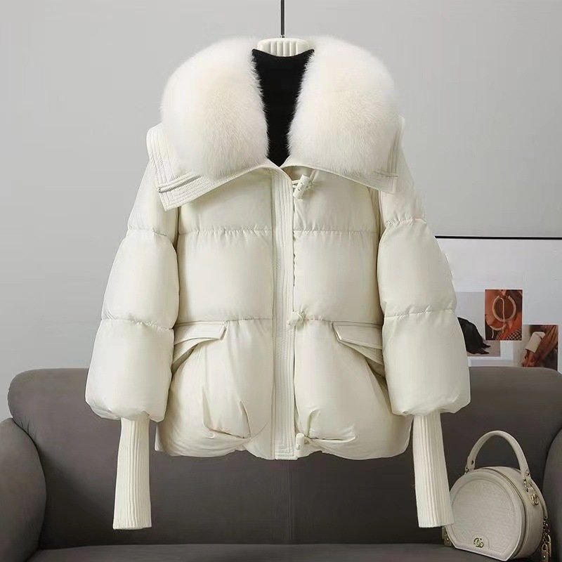 Women's Oversized Quilted Coat Faux Fur Collar - CozyChic Cream