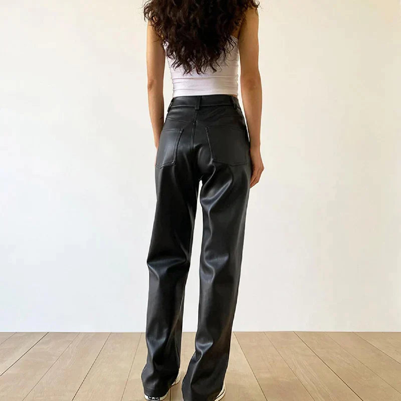 Women's Faux Leather Pants - High Waisted Wide Leg Chic Trousers - LuxeLeathers