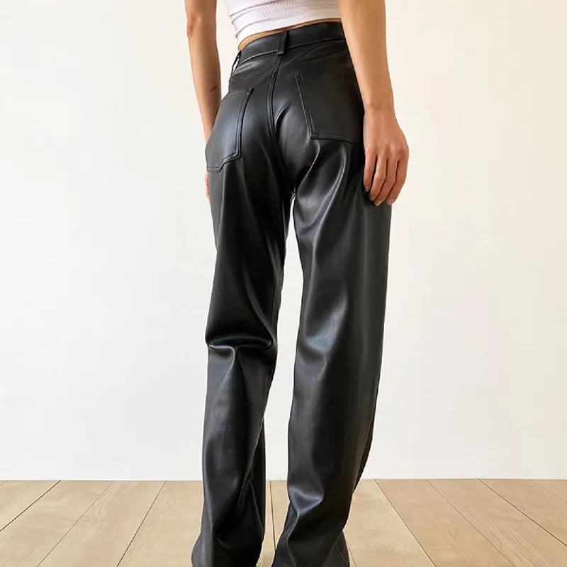Women's Faux Leather Pants - High Waisted Wide Leg Chic Trousers - LuxeLeathers