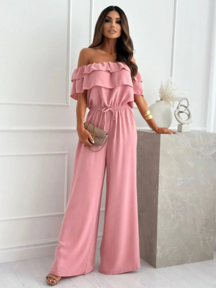 Women's Ruffled Off-Shoulder Jumpsuit - Chic Wide-Leg Romper - BellaForma Pink