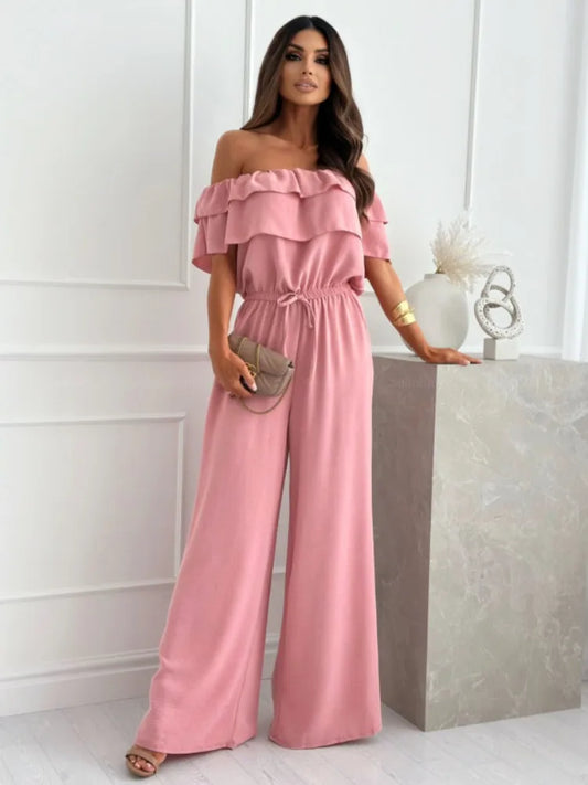 Women's Ruffled Off-Shoulder Jumpsuit - Chic Wide-Leg Romper - BellaForma Pink