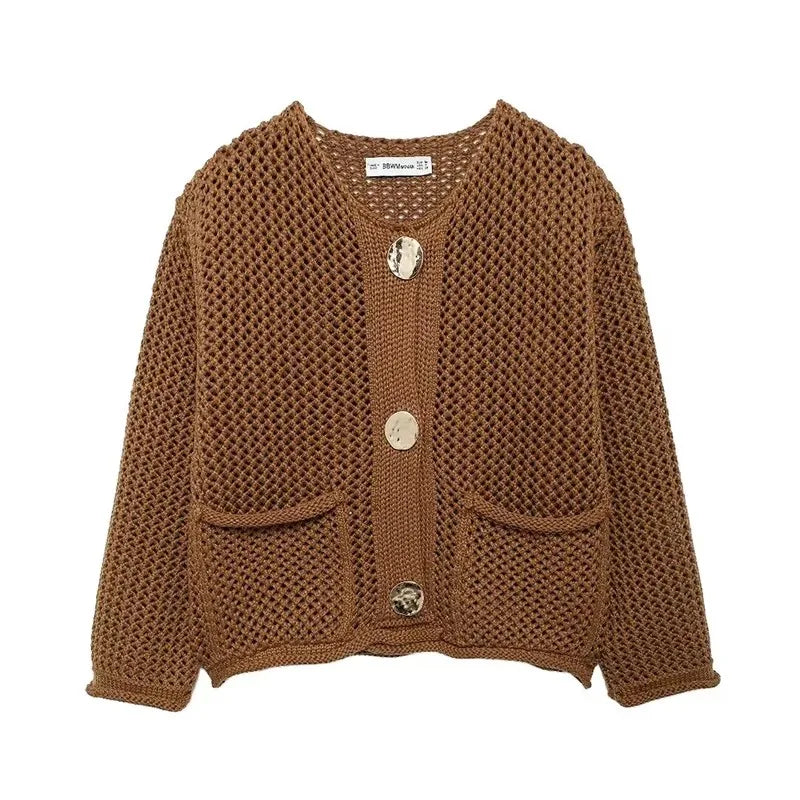 Women's Mesh Knit Cardigan with Pockets - GoldenEase Brown