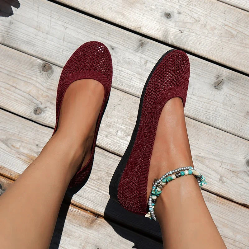 Women's Breathable Mesh Slip-On Flats - Everyday Ease Solfex Wine Red