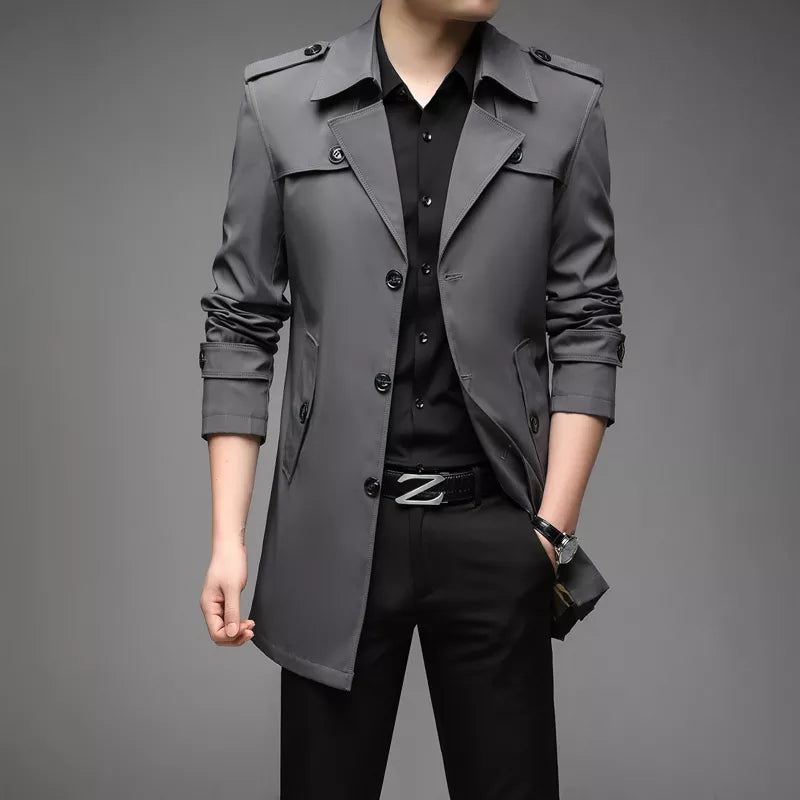 Men’s Trench Coat – Tailored Fit – Double Breasted – Structured Silhouette – Medium Length Gray