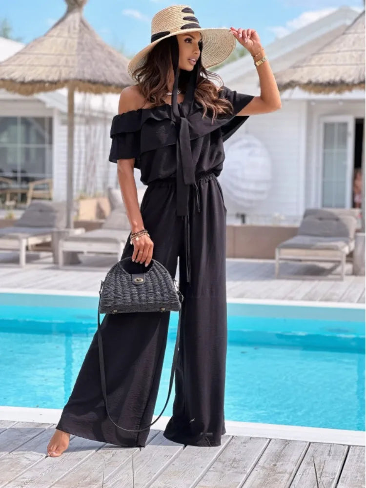 Women's Ruffled Off-Shoulder Jumpsuit - Chic Wide-Leg Romper - BellaForma Black