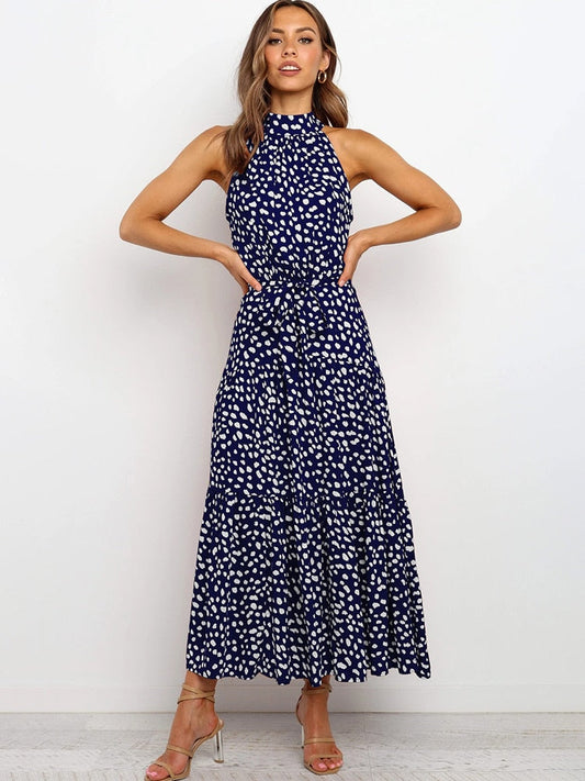 Women's Polka Dot Midi Dress - Flattering Fit, Flowy Halter - DotBloom Royal Blue