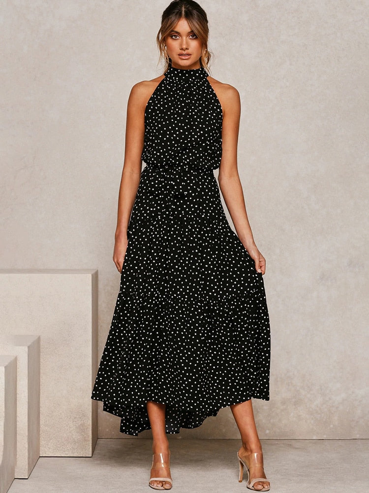 Women's Polka Dot Midi Dress - Flattering Fit, Flowy Halter - DotBloom Black