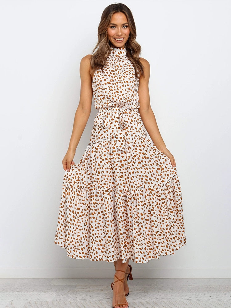 Women's Polka Dot Midi Dress - Flattering Fit, Flowy Halter - DotBloom Beige