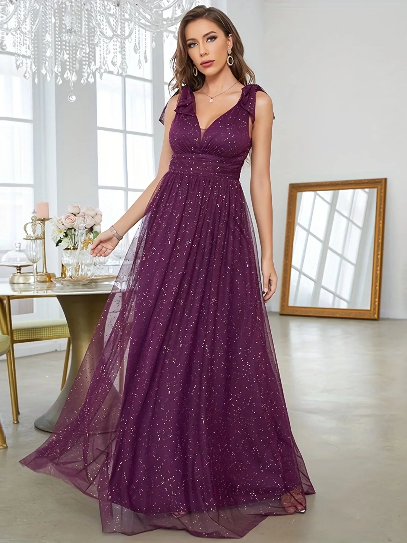 Women's Glitter Maxi Dress - Sleeveless V-Neck Evening Gown - Starlight Purple
