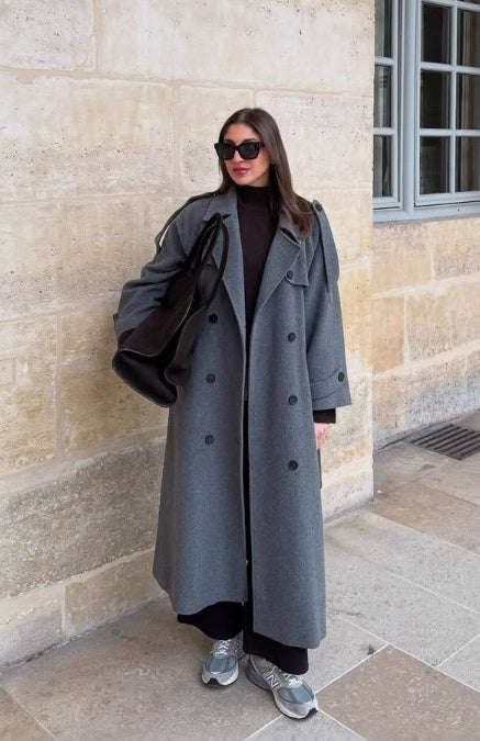 Women's Wool Blend Trench Coat - Oversized Belted Style - UrbanChic Gray