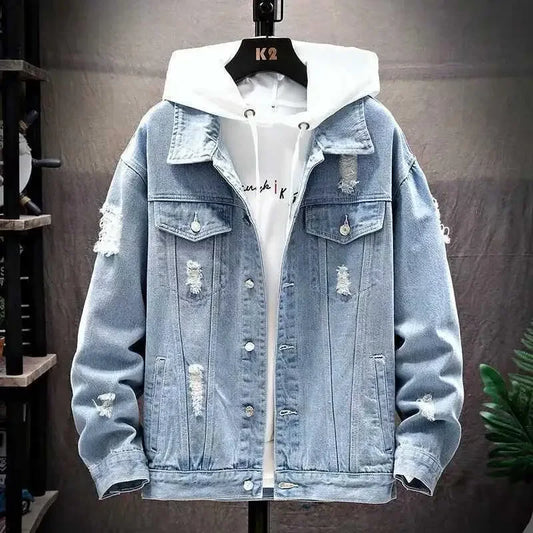 Men’s Denim Jacket – Distressed Loose Fit – Single Breasted – Streetwear Style Light Blue